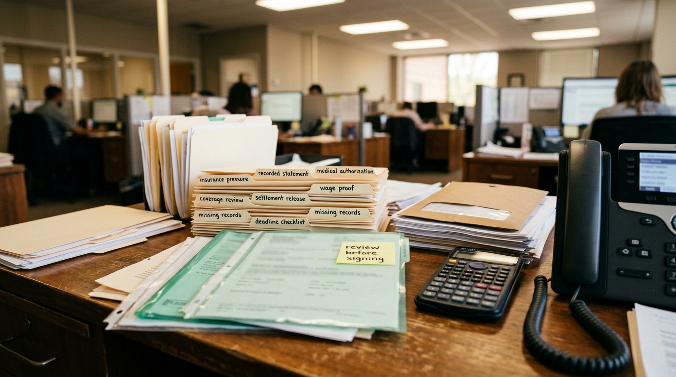 Atlanta claim escalation desk with insurance pressure recorded statement medical authorization wage proof settlement release coverage review and deadline checklist