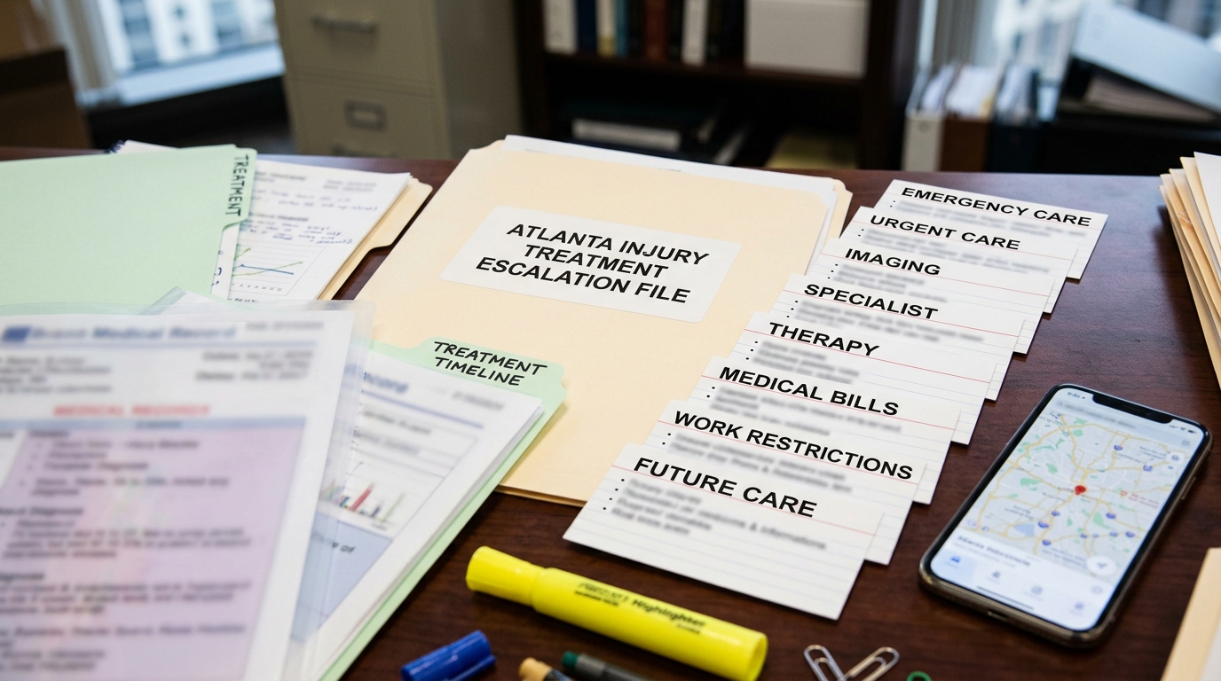 Atlanta injury treatment escalation file with emergency care urgent care imaging therapy medical bills work restrictions and future care notes