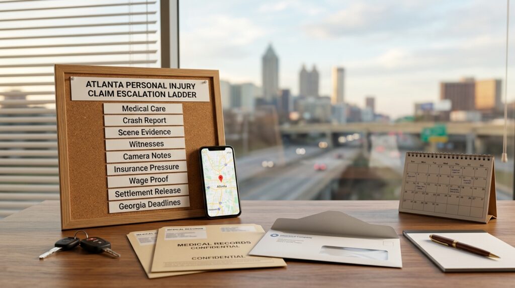 When Should You Hire a Personal Injury Lawyer in Atlanta? A Claim Escalation Ladder Atlanta personal injury lawyer claim escalation ladder with medical records crash report evidence file insurance letters settlement release and Georgia deadline notes